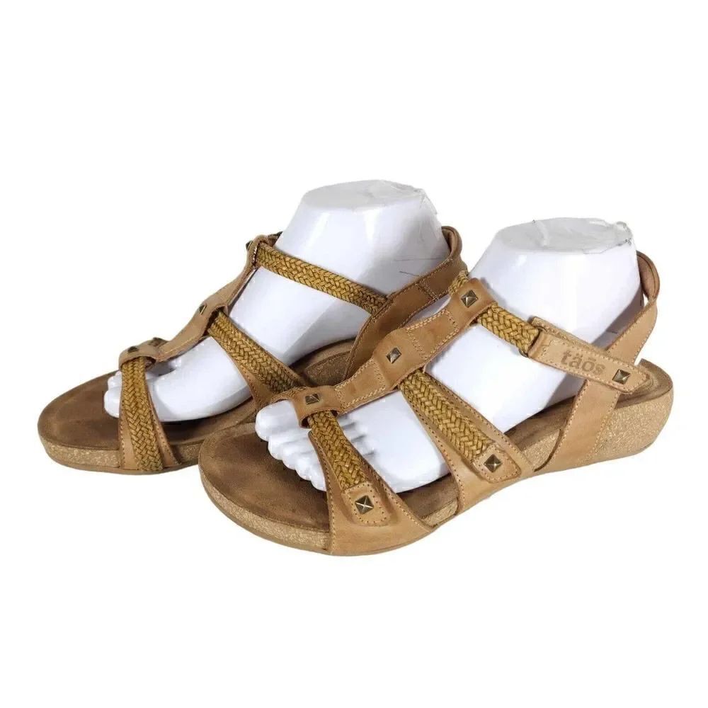 Taos Women’s Eleanor US9-9,5 Camel Leather Banded Wedge Strappy Sandals